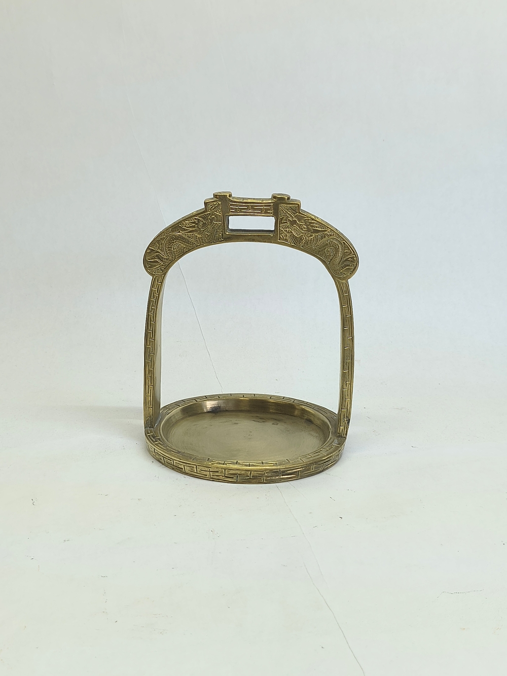 ANTIQUE Chinese Brass Stirrup W/Dragon Engraving Decoration Solid Heavy Arch